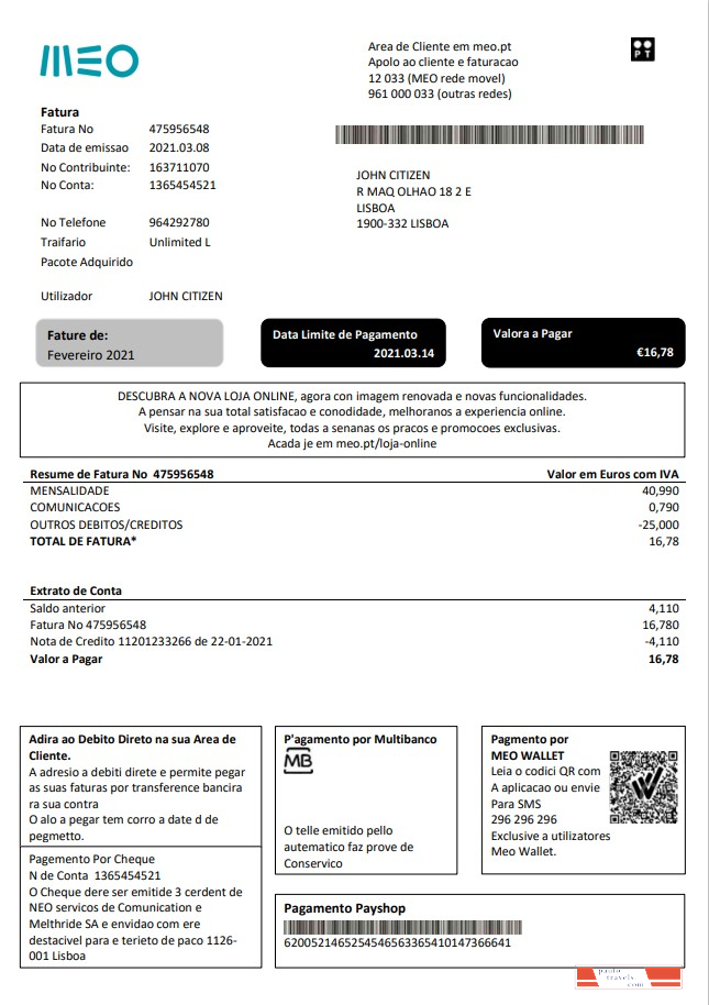 Portugal MEO utility bill template in Word and PDF format, fully editable